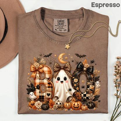 Halloween Boo Ghost T-Shirt, Cute Bows Orange Plaid Leopard Spooky Season Comfort Color Tee