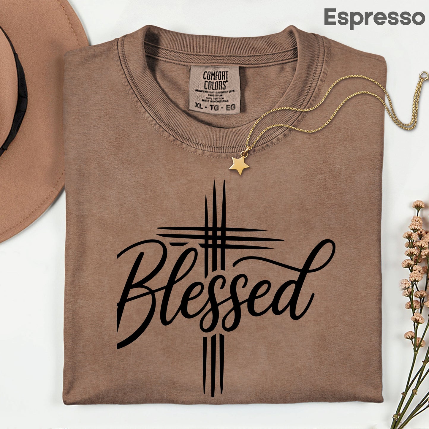Blessed Cross Christian T-Shirt, Script Cursive Faith Minimalist Religious Tee Sweatshirt