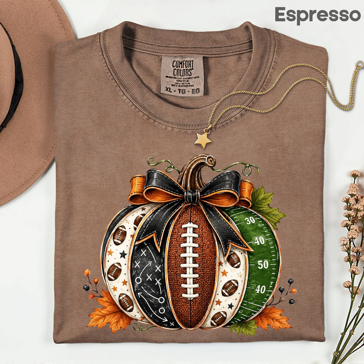 Football Pumpkin Bow Fall T-Shirt, Game Day Football Field Patchwork Autumn Tee