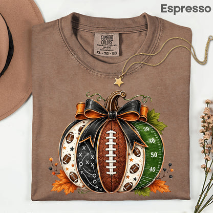 Football Pumpkin Bow Fall T-Shirt, Game Day Football Field Patchwork Autumn Tee