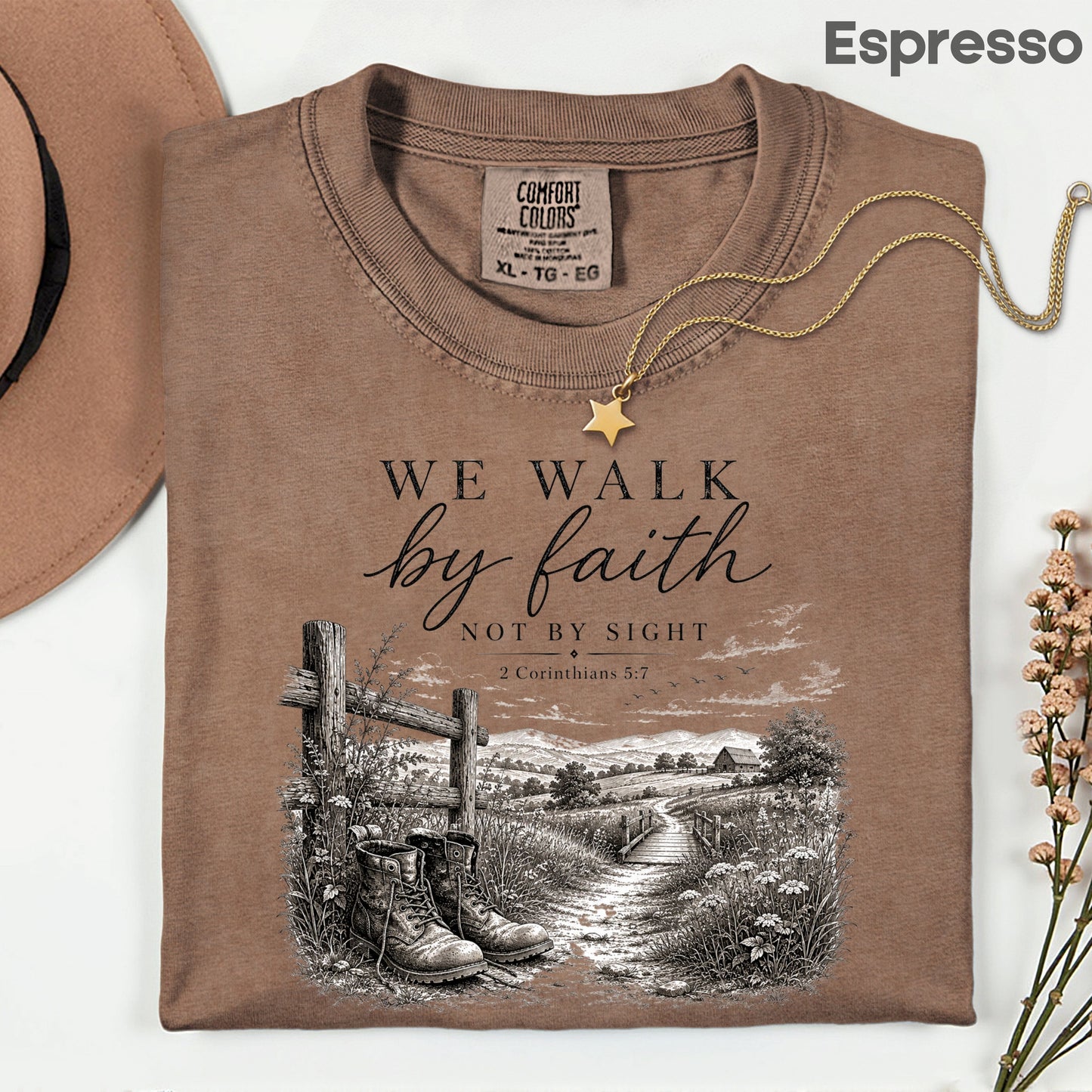 We Walk by Faith Not by Sight Christian T-Shirt, 2 Corinthians 5:7 Boots Country Road Tee