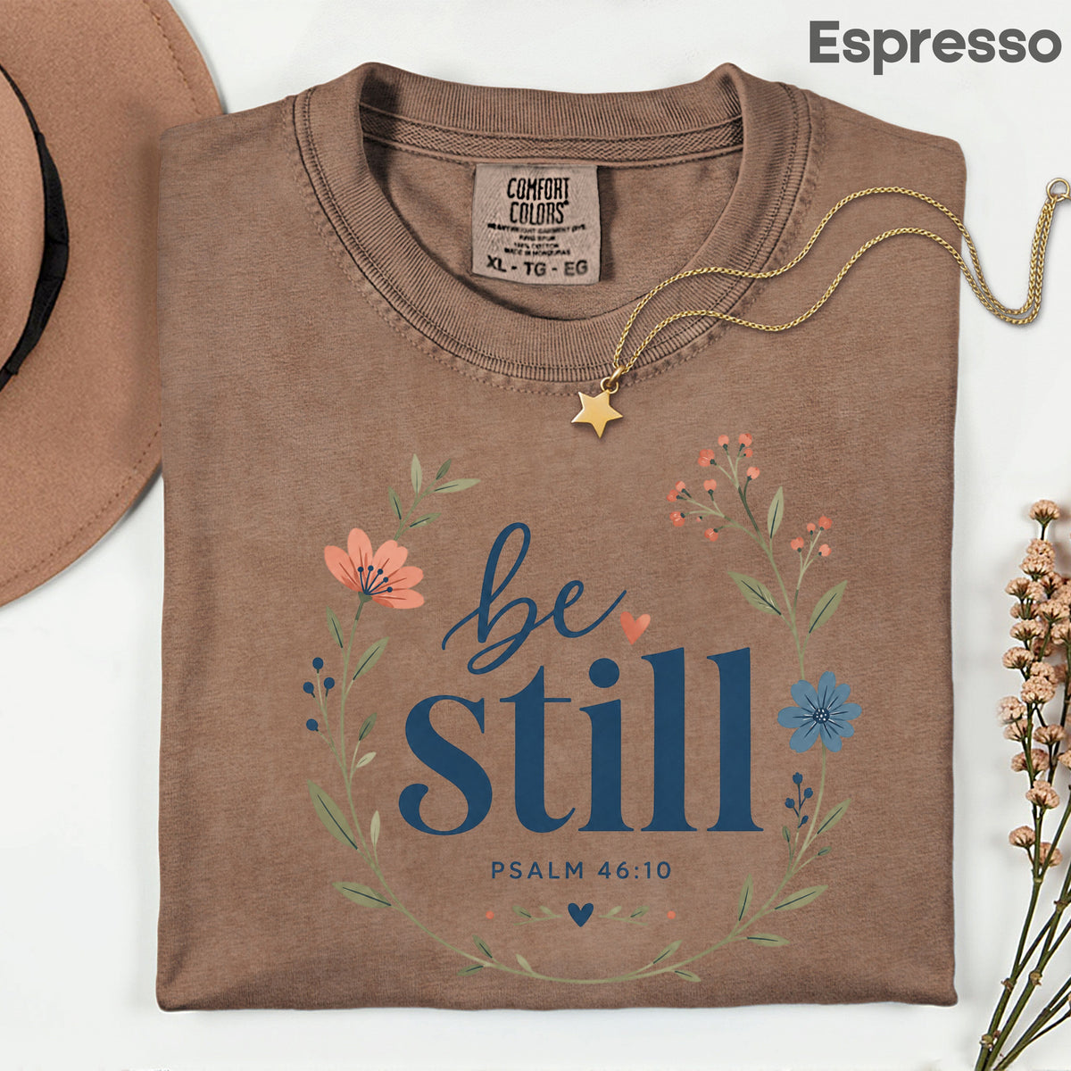 Be Still Psalm 46:10 Christian T-Shirt, Floral Wreath Bible Verse Faith Inspirational Tee