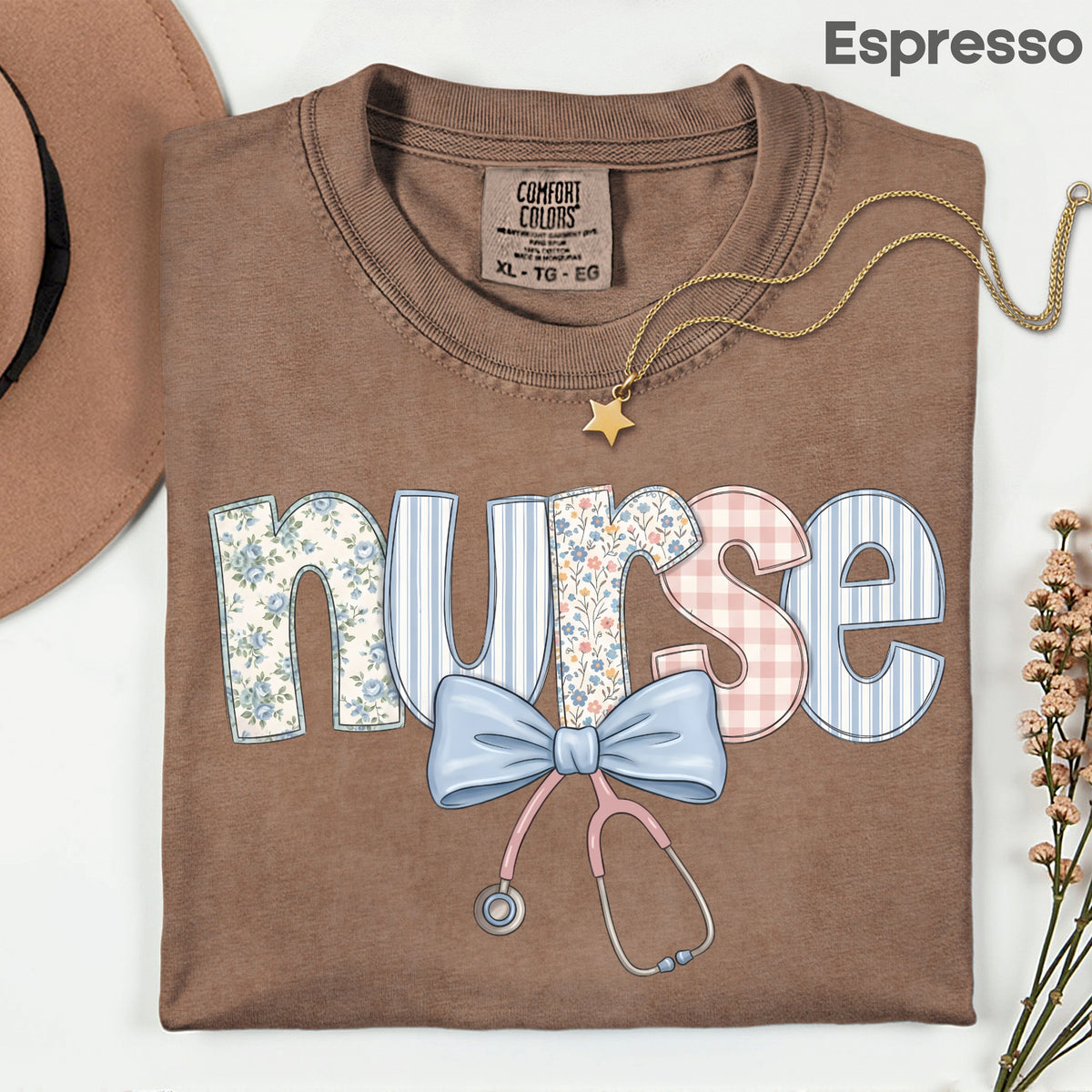 Nurse Coquette Floral Bow T-Shirt, Stethoscope Vintage Patchwork Nurse Tee