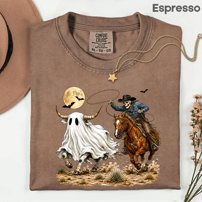 Halloween Skeleton Cowboy Ghost T-Shirt, Western Rodeo Bull Lasso Spooky Tee
