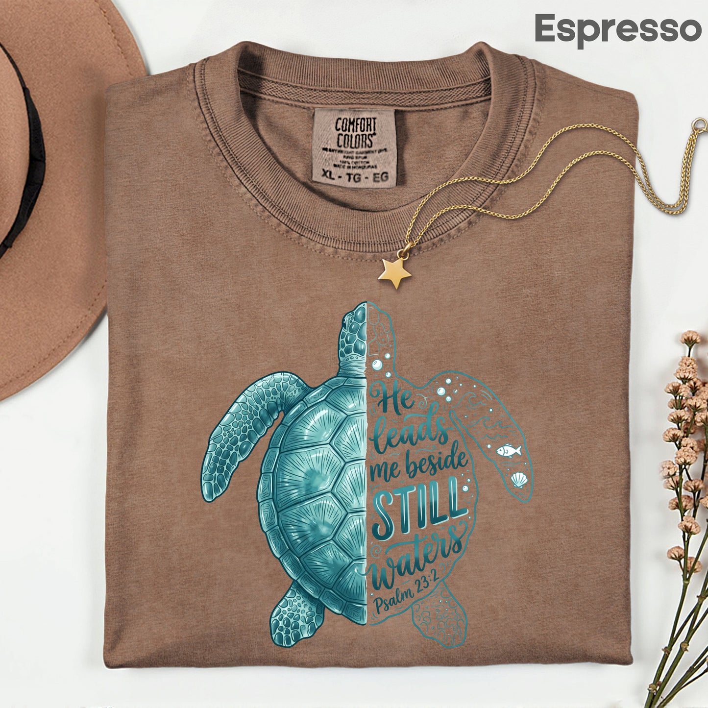 Christian Sea Turtle Psalm 23 T-Shirt, He Leads Me Beside Still Waters Faith Tee