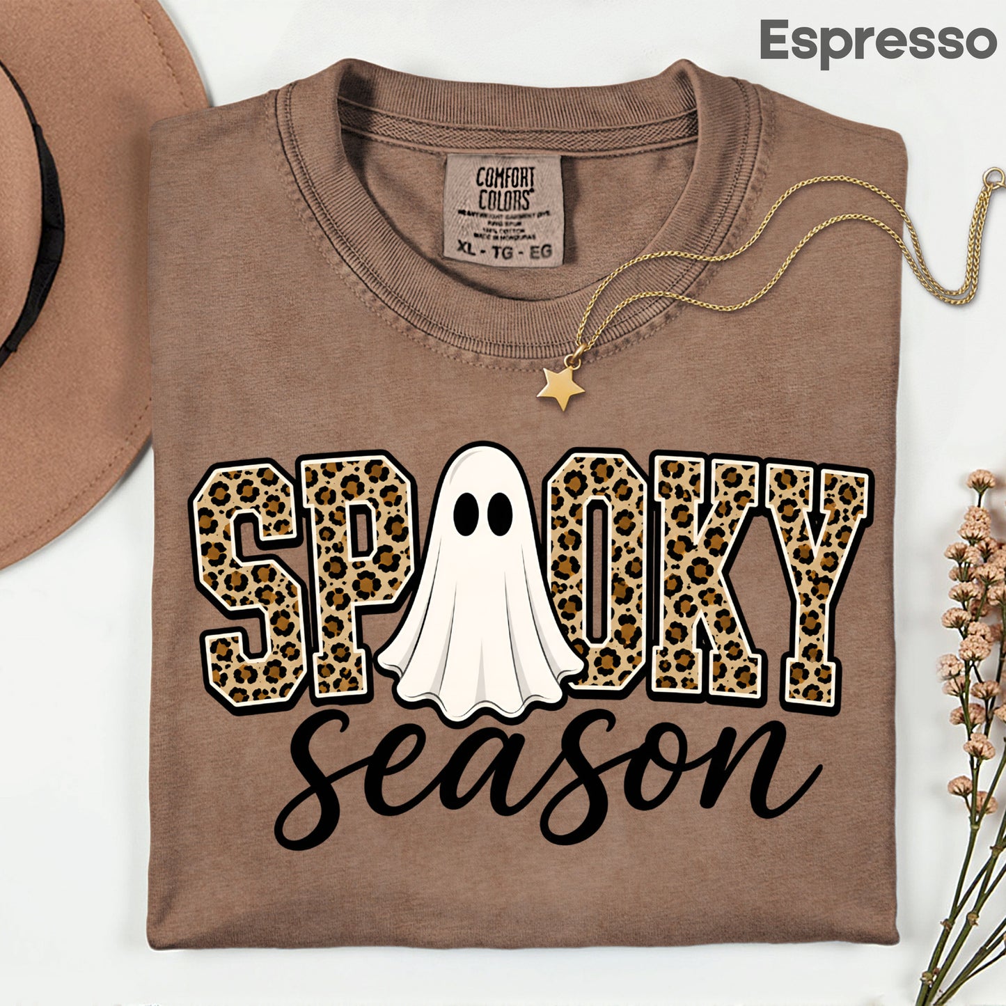 Halloween Spooky Season Ghost T-Shirt, Leopard Print Cheetah Varsity Letters Tee
