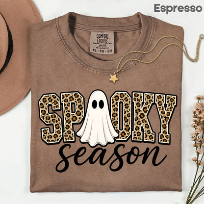 Halloween Spooky Season Ghost T-Shirt, Leopard Print Cheetah Varsity Letters Tee