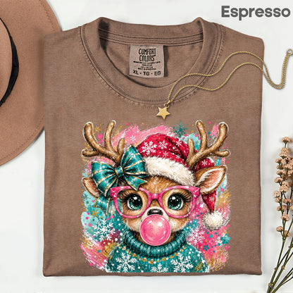 Christmas Reindeer Pink Glasses T-Shirt, Bubblegum Deer Santa Hat Cute Comfort Color Tee