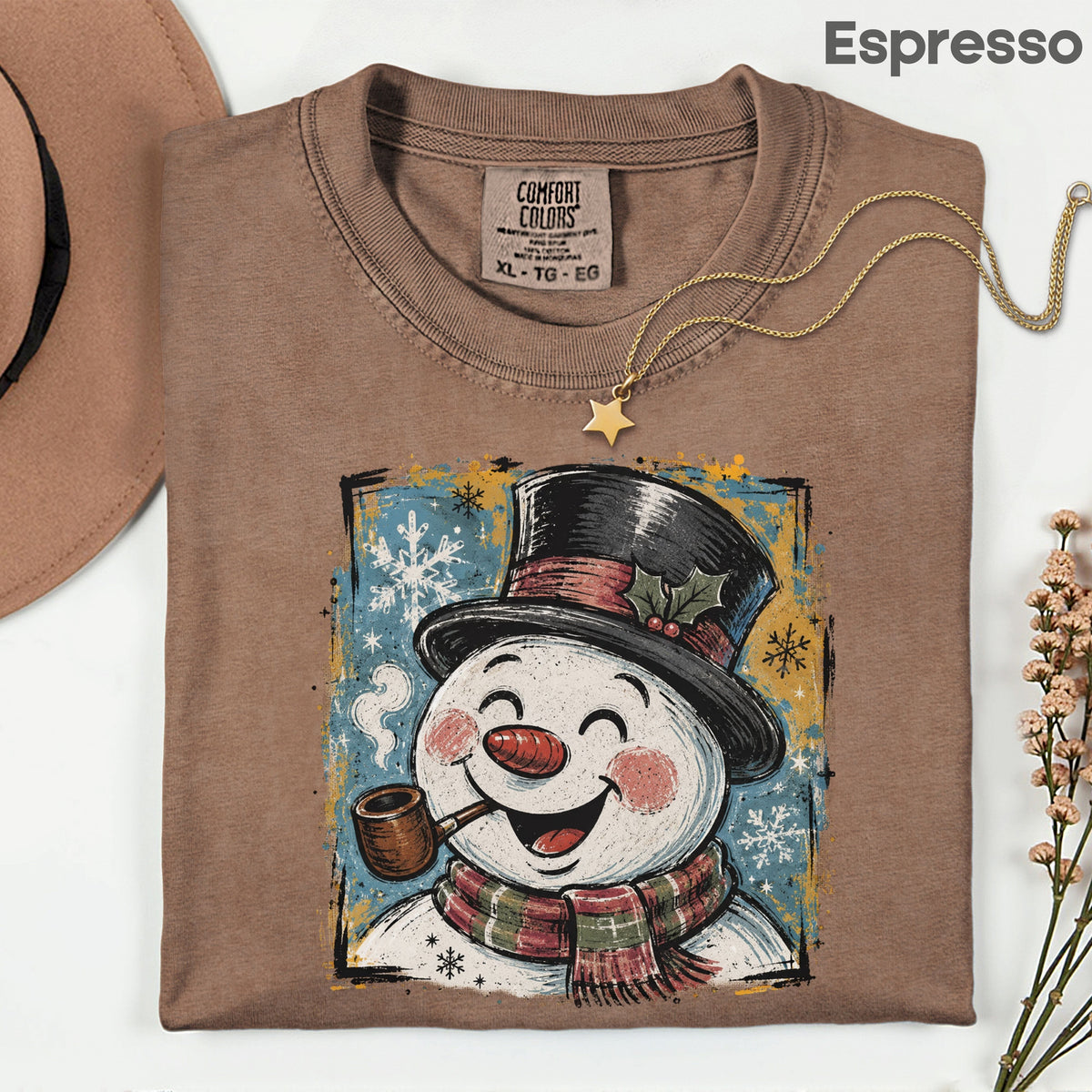 Vintage Snowman Christmas T-Shirt, Top Hat Pipe Snowflakes Scarf Comfort Color Tee