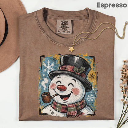 Vintage Snowman Christmas T-Shirt, Top Hat Pipe Snowflakes Scarf Comfort Color Tee