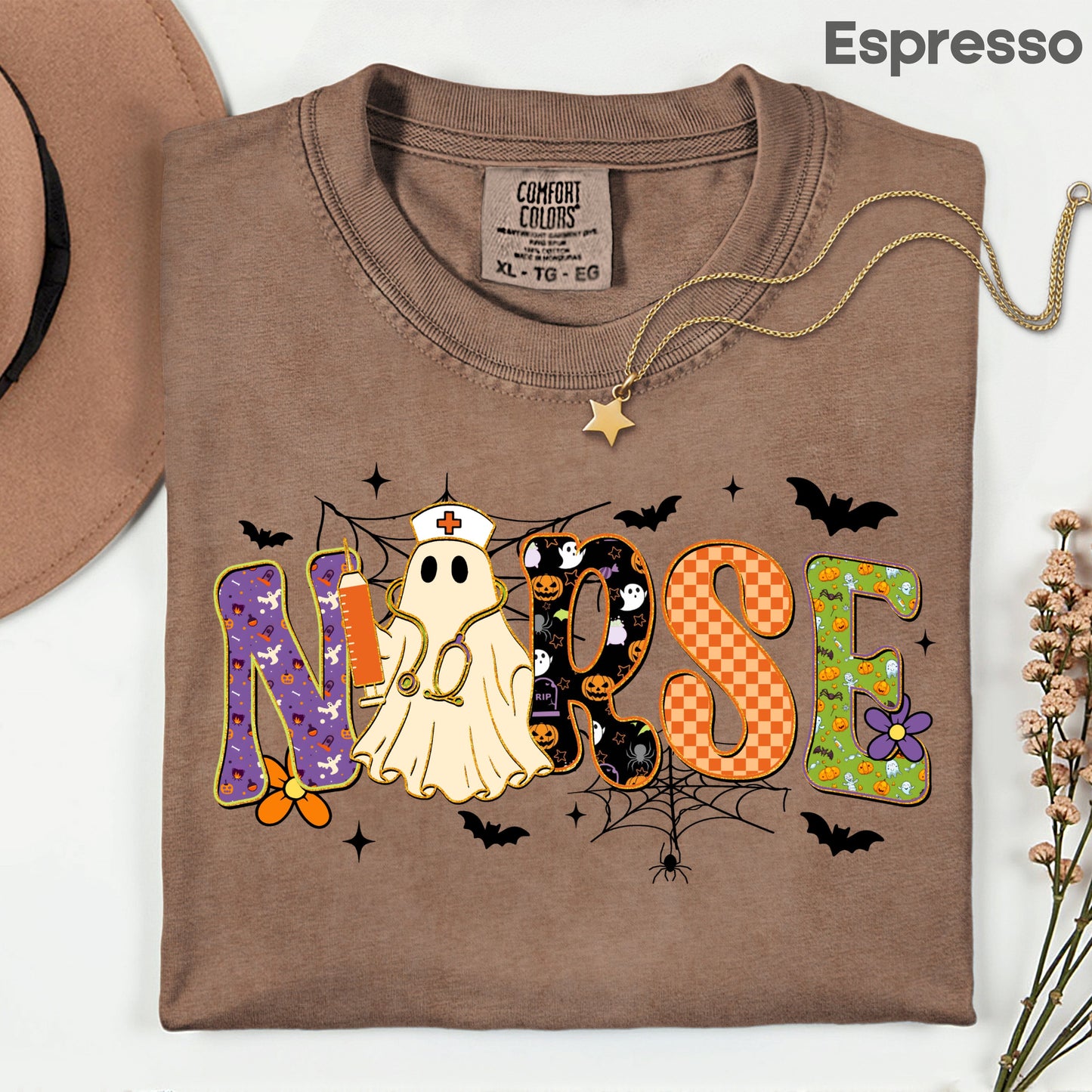 Halloween Nurse Ghost T-Shirt, Spooky Nurse Life Hat Syringe Bats Tee