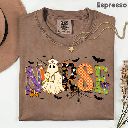 Halloween Nurse Ghost T-Shirt, Spooky Nurse Life Hat Syringe Bats Tee