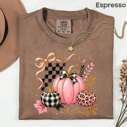 Pink Coquette Fall Pumpkin T-Shirt, Leopard Plaid Ribbon Bow Checkered Autumn Tee