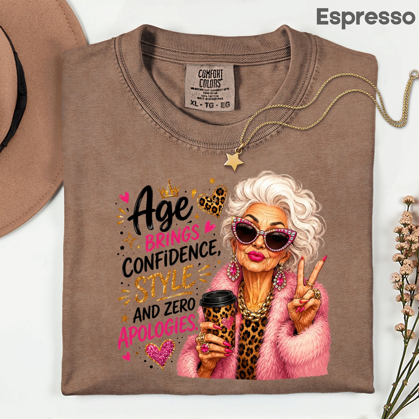 Age Brings Confidence Senior Woman T-Shirt, Fabulous Glam Leopard Coffee Comfort Color Tee