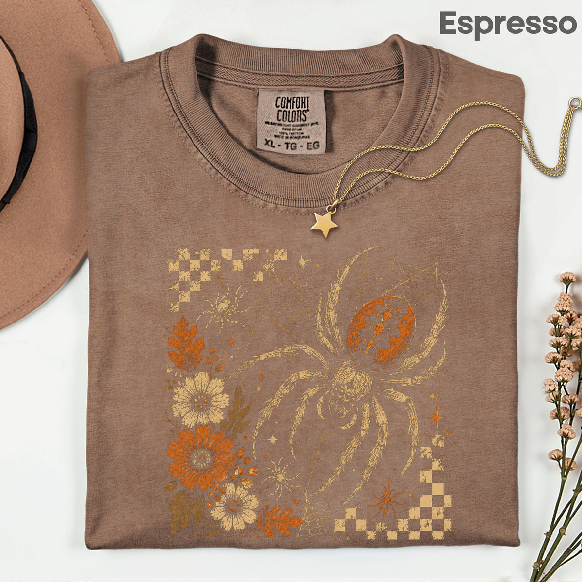 Vintage Fall Halloween Spider T-Shirt, Floral Spiderweb Checkered Spooky Season Tee