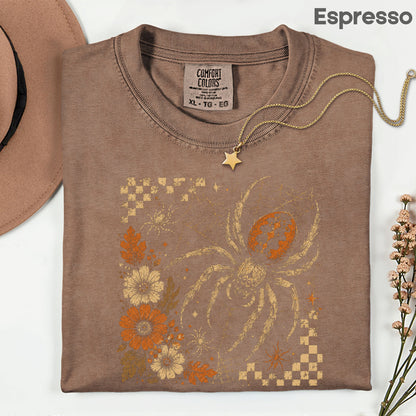 Vintage Fall Halloween Spider T-Shirt, Floral Spiderweb Checkered Spooky Season Tee