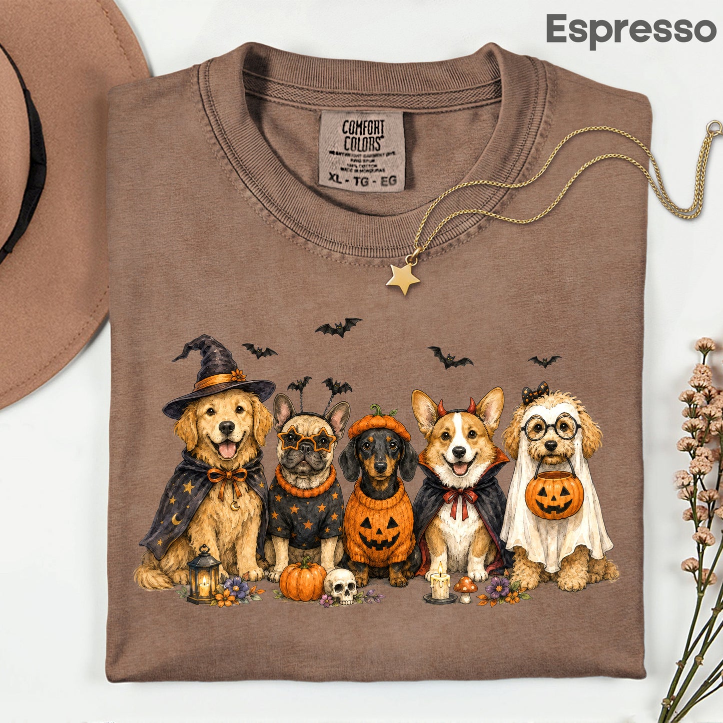 Halloween Dogs Comfort Colors T Shirts Cute Witchy Puppy Pumpkin Tees Spooky Costume Corgi Frenchie Golden Retriever Shirt Autumn Fall Graphic Hoodie