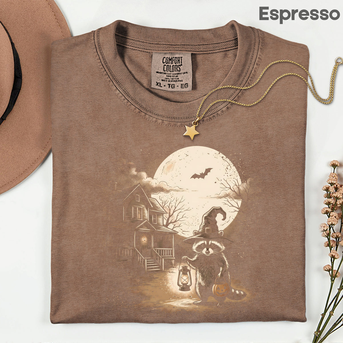 Vintage Halloween Mouse Witch T-Shirt, Full Moon Pumpkin House Sepia Trick or Treat Spooky Fall Tee
