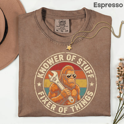 Funny Bigfoot Knower of Stuff Fixer of Things T-Shirt, Retro Sasquatch Wrench Sunglasses Dad Handyman Tee