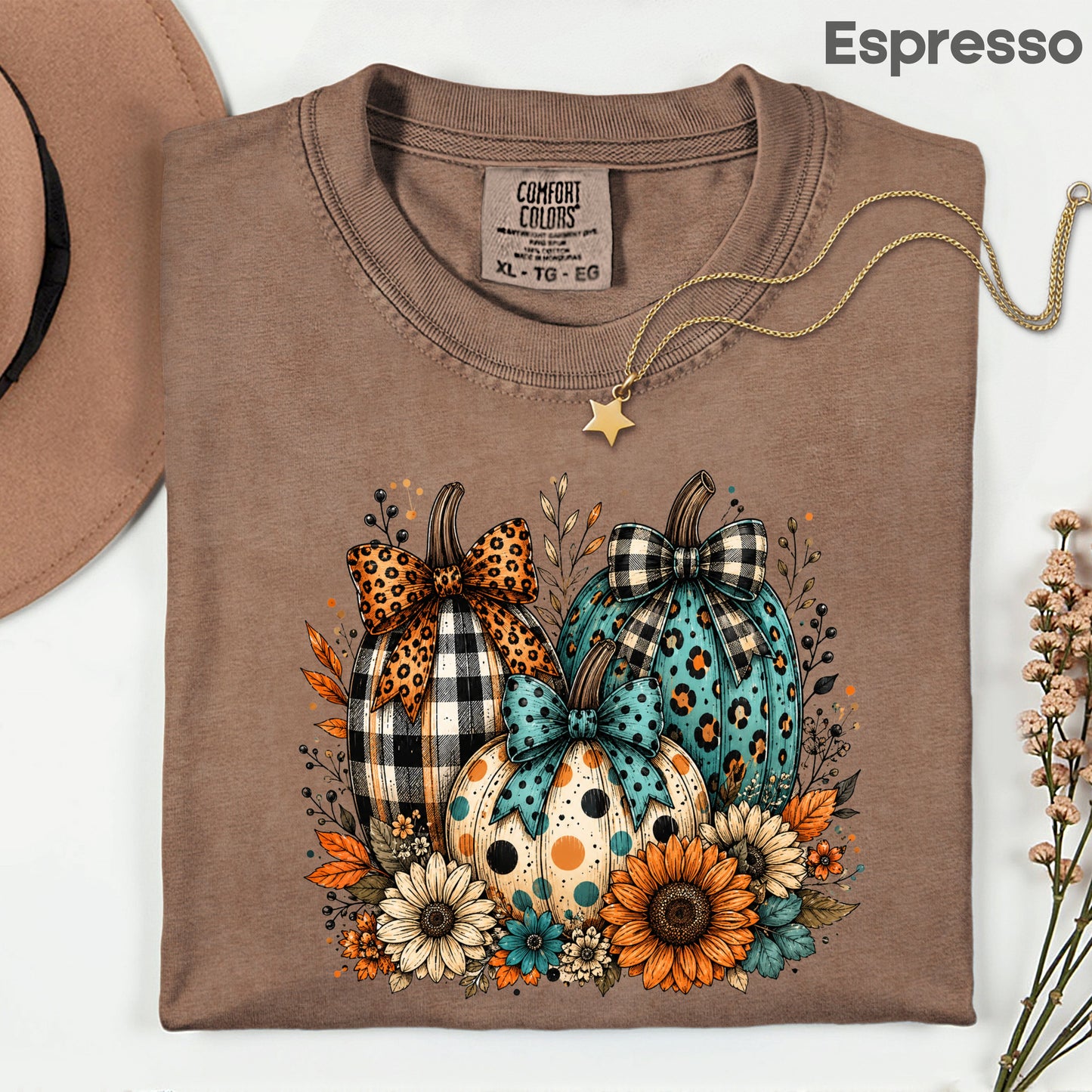 Fall Leopard Plaid Pumpkins T-Shirt, Teal Orange Floral Thanksgiving Tee