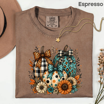Fall Leopard Plaid Pumpkins T-Shirt, Teal Orange Floral Thanksgiving Tee