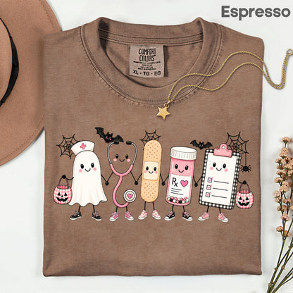Pink Spooky Nurse Squad Halloween T-Shirt, Ghost Stethoscope Medical Bandage Tee