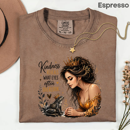 Inspirational Princess Frog Kindness Reveals Crown T-Shirt, Gold Dress Women Quote Tee