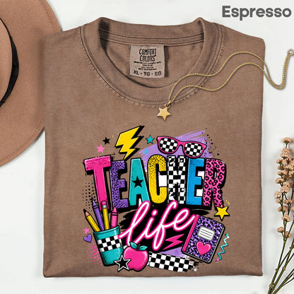 Retro Neon Teacher Life T-Shirt, Colorful Doodle Graffiti Checkerboard Sunglasses Back to School Tee