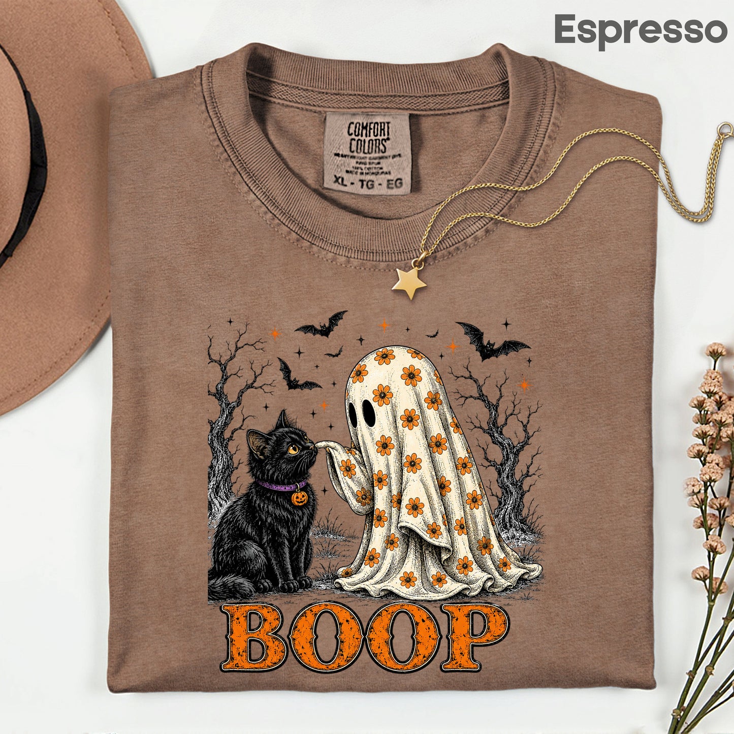 Halloween Cute Ghost Boop Black Cat T-Shirt, Floral Sheet Bats Spooky Season Tee