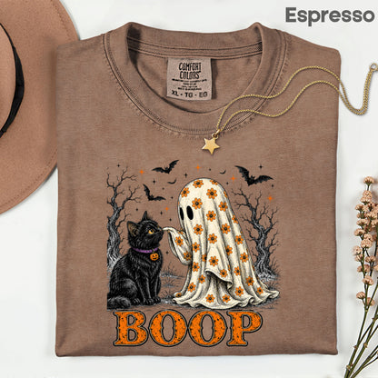 Halloween Cute Ghost Boop Black Cat T-Shirt, Floral Sheet Bats Spooky Season Tee