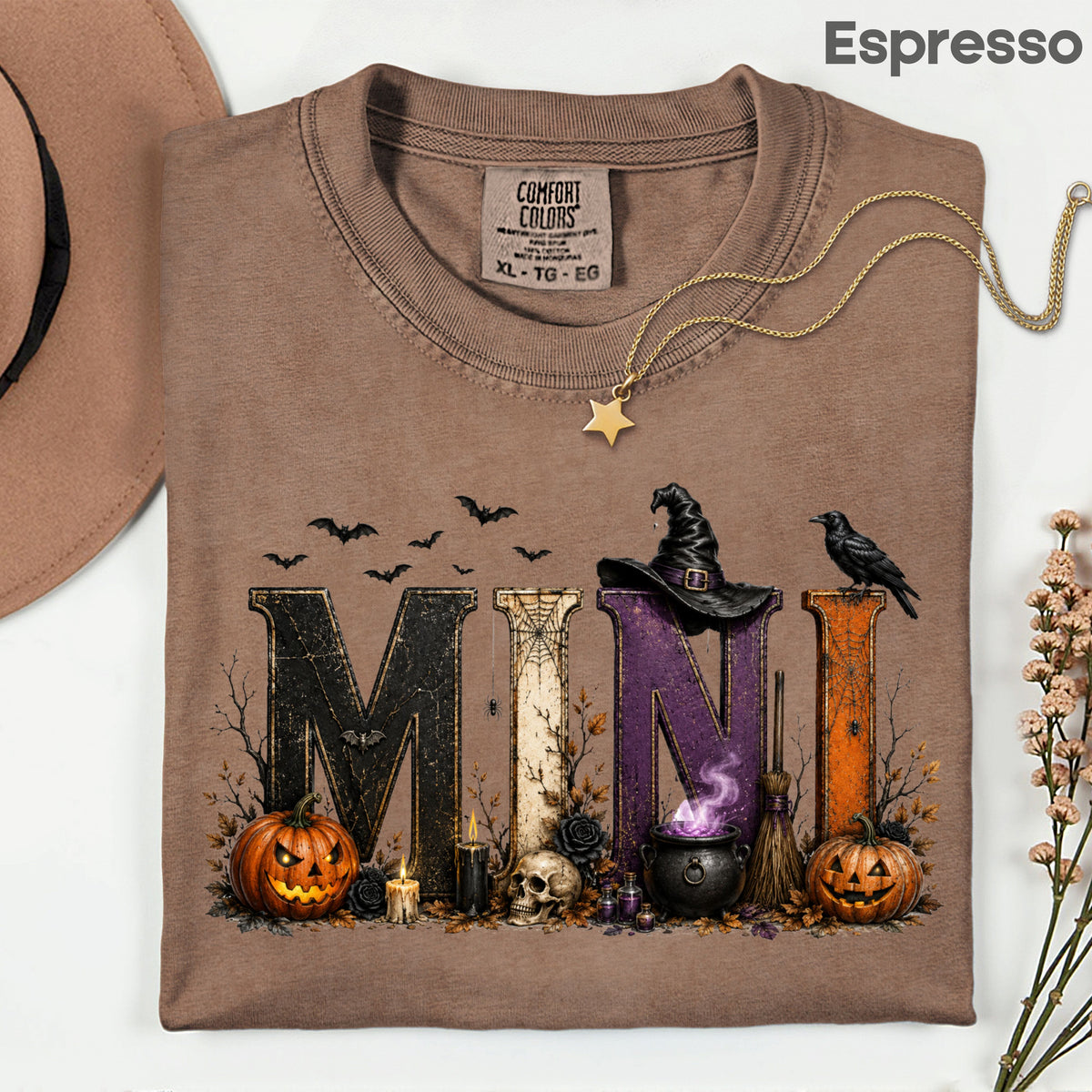 Mini Halloween Witch Hat Cauldron Pumpkin Kids T-Shirt, Spooky Season Tee