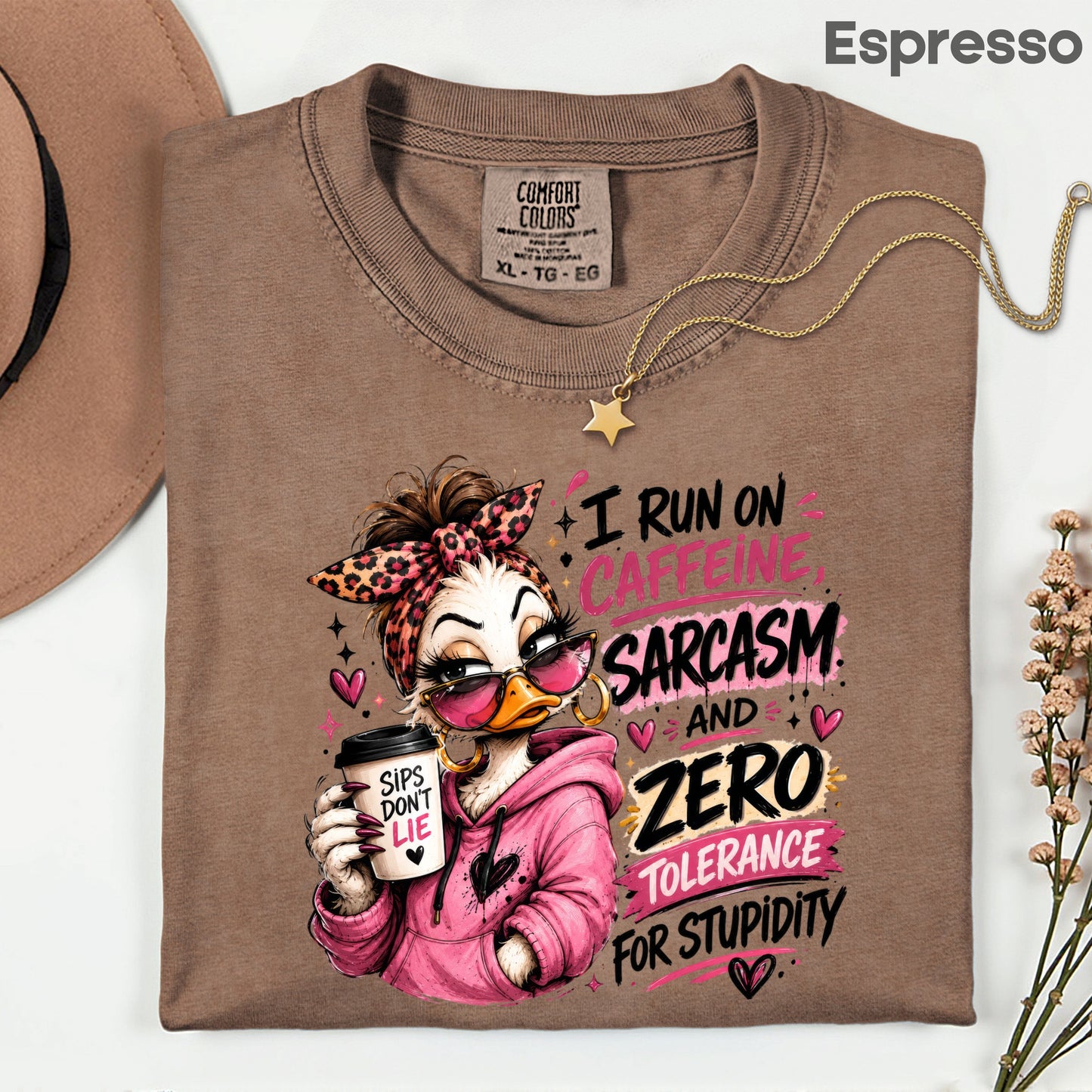 Funny Duck Caffeine T-Shirt, I Run on Caffeine Coffee Messy Bun Leopard Bow Women Tee