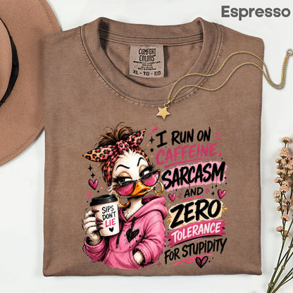 Funny Duck Caffeine T-Shirt, I Run on Caffeine Coffee Messy Bun Leopard Bow Women Tee