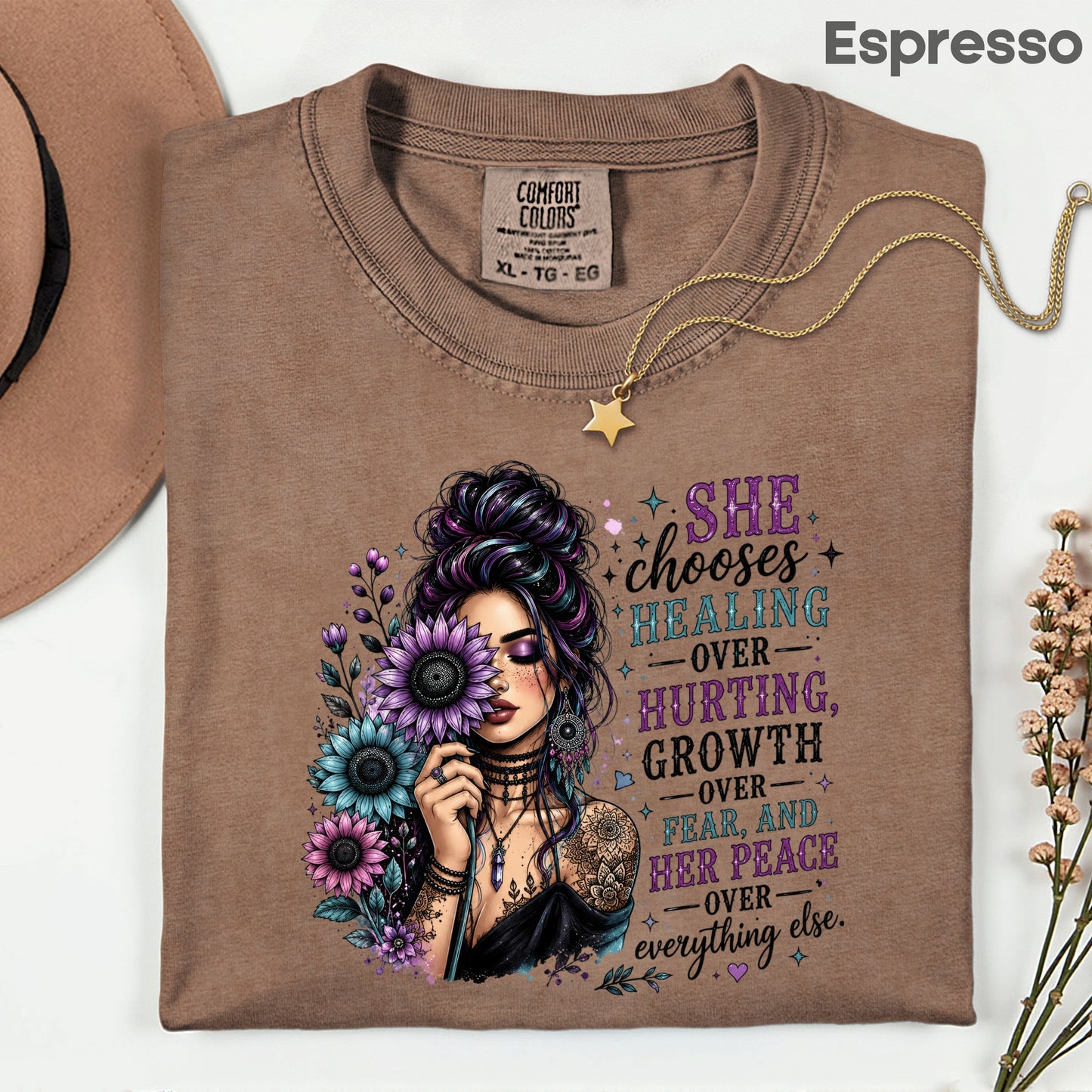 Inspirational Healing Woman She Chooses Healing Over Hurting T-Shirt, Floral Messy Bun Sunflower Tee