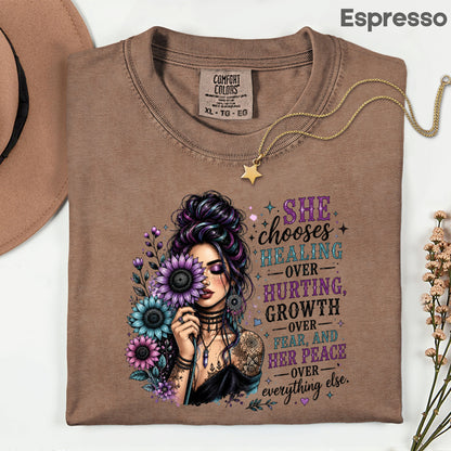 Inspirational Healing Woman She Chooses Healing Over Hurting T-Shirt, Floral Messy Bun Sunflower Tee
