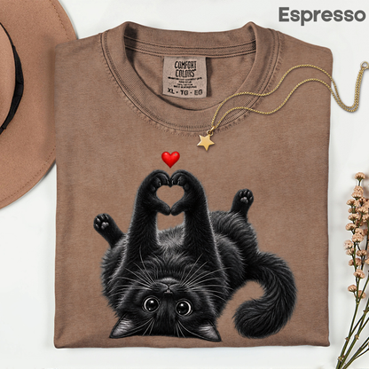 Black Cat Heart Hands T-Shirt, Cute Kitty Kitten Lover Heart Paws Love Tee