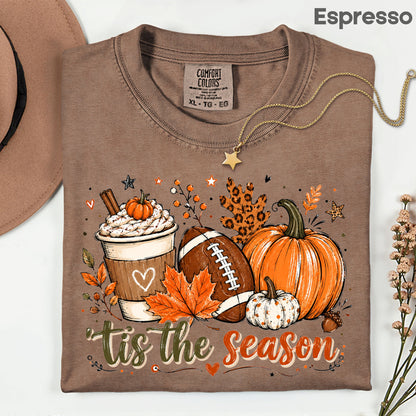 Tis the Season Football Fall T-Shirt, Pumpkin Spice Coffee Thanksgiving Tee