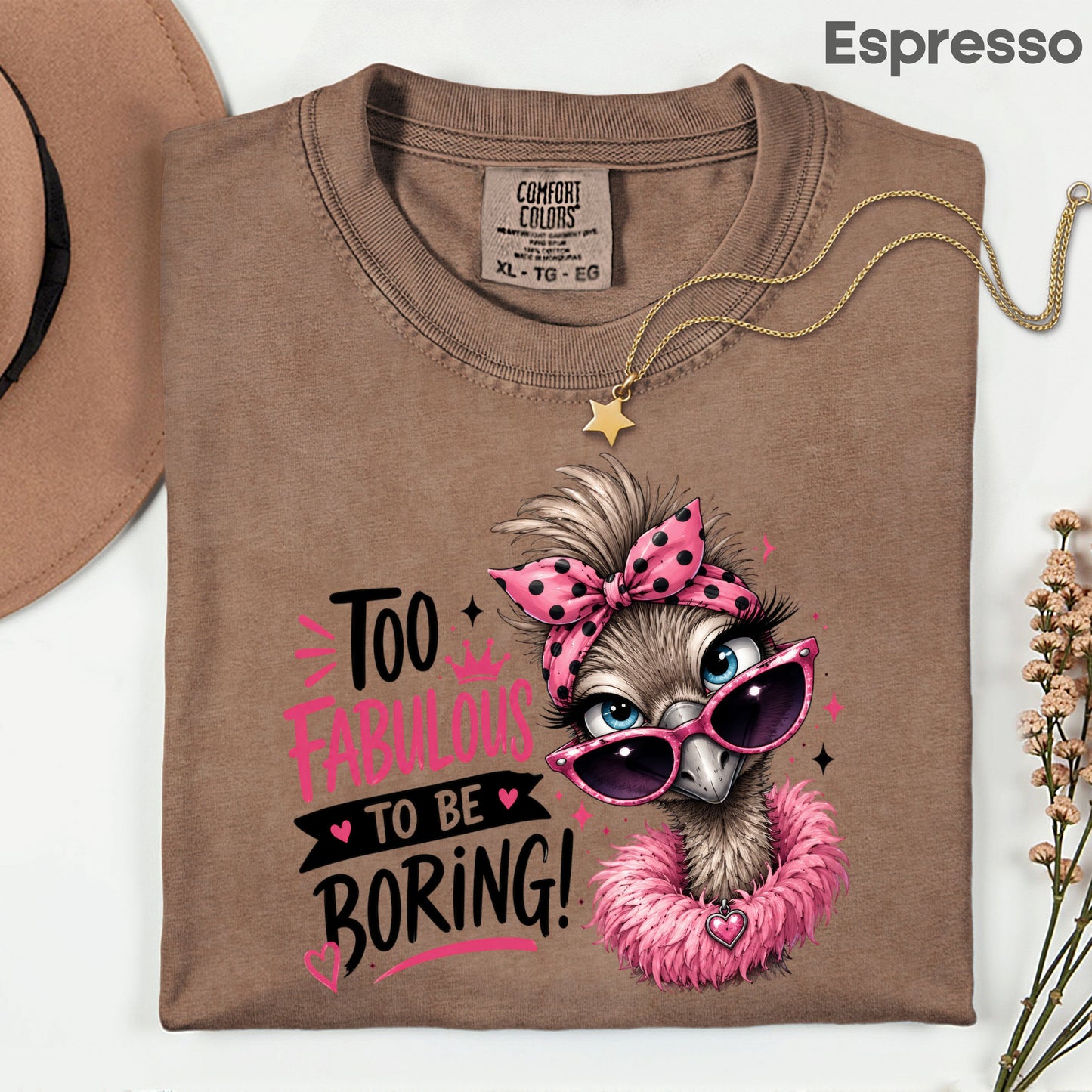 Funny Ostrich Too Fabulous to Be Boring T-Shirt, Sassy Emu Pink Bow Sunglasses Feather Boa Tee
