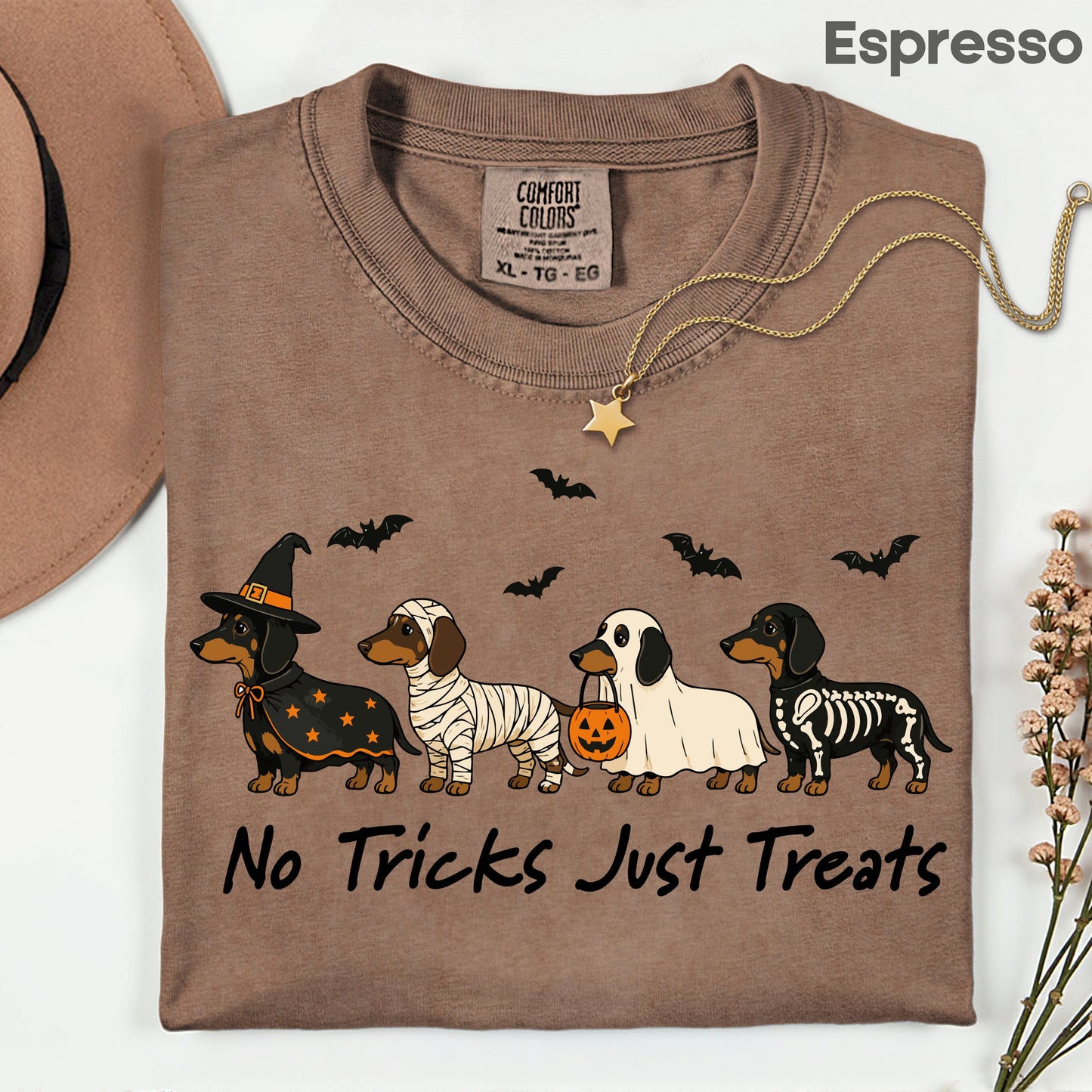 Dachshund Halloween Comfort Colors T Shirts No Tricks Just Treats Costume Tee Cute Ghost Mummy Witch Skeleton Dog Shirt Spooky Wiener Dog Hoodie