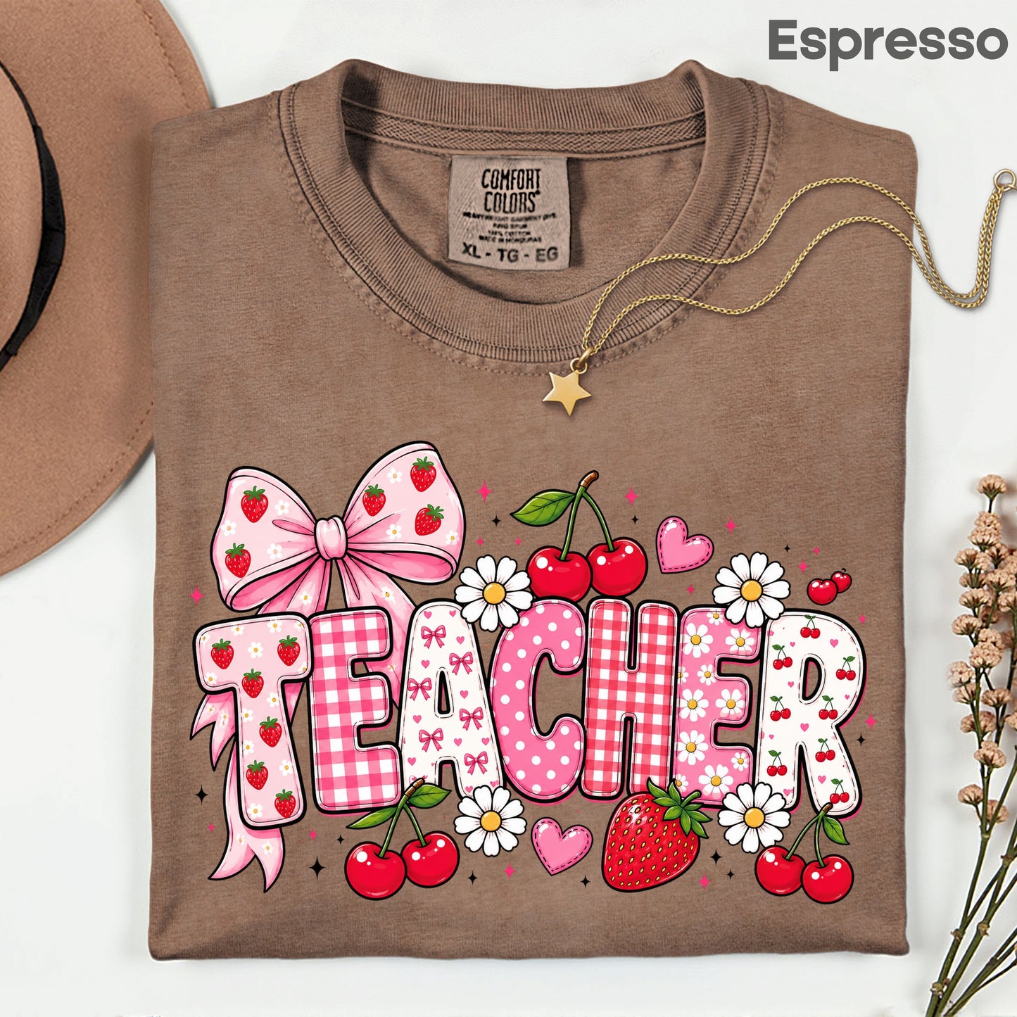 Teacher Coquette Pink T-Shirt, Strawberries Cherries Bow School Educator Tee