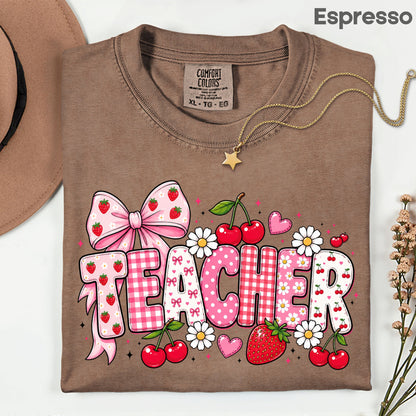 Teacher Coquette Pink T-Shirt, Strawberries Cherries Bow School Educator Tee