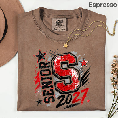 Senior 2027 Class of 2027 T-Shirt, Red Black Distressed Letter Graduation Tee