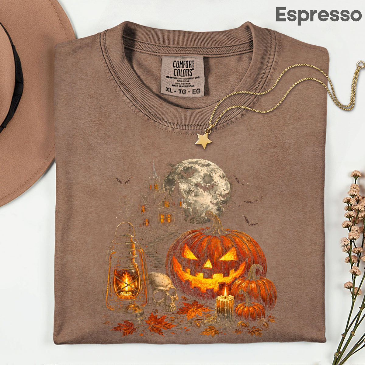 Vintage Haunted House Halloween T-Shirt, Pumpkin Lantern Jack O Lantern Spooky Autumn Tee