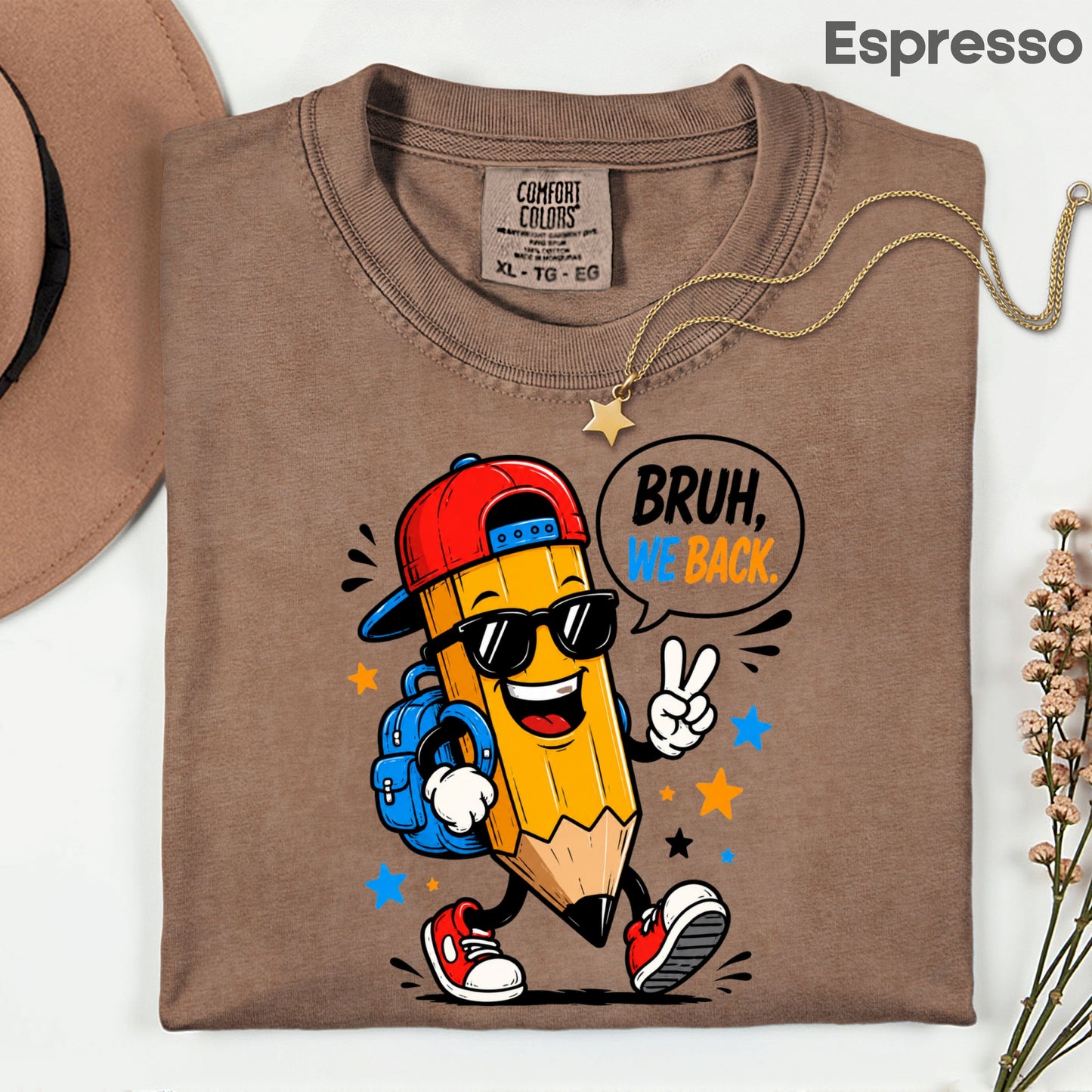 Bruh We Back Pencil T-Shirt, Cool Pencil Sunglasses Backpack Back to School Comfort Color Tee
