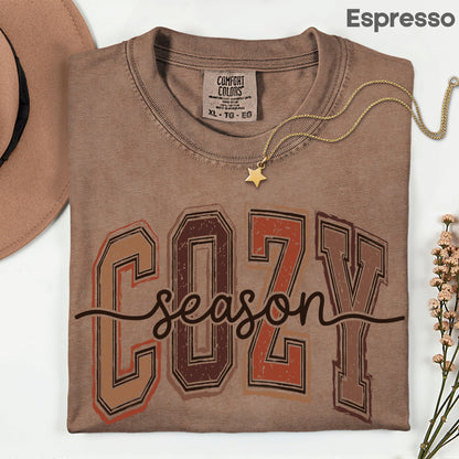 Cozy Season Fall T-Shirt, Distressed Varsity Letters Autumn Neutral Tones Tee