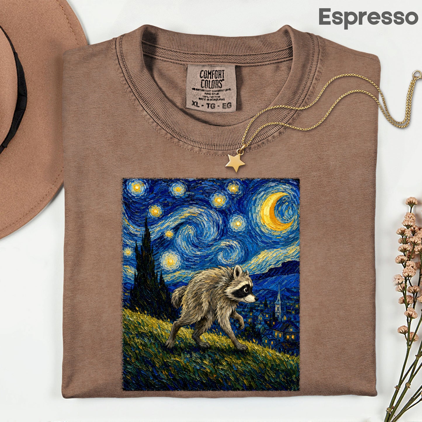 Starry Night Raccoon T-Shirt, Van Gogh Style Oil Painting Funny Wildlife Art Tee