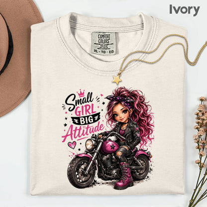Small Girl Big Attitude Biker Girl T-Shirt, Pink Motorcycle Cute Rocker Tee