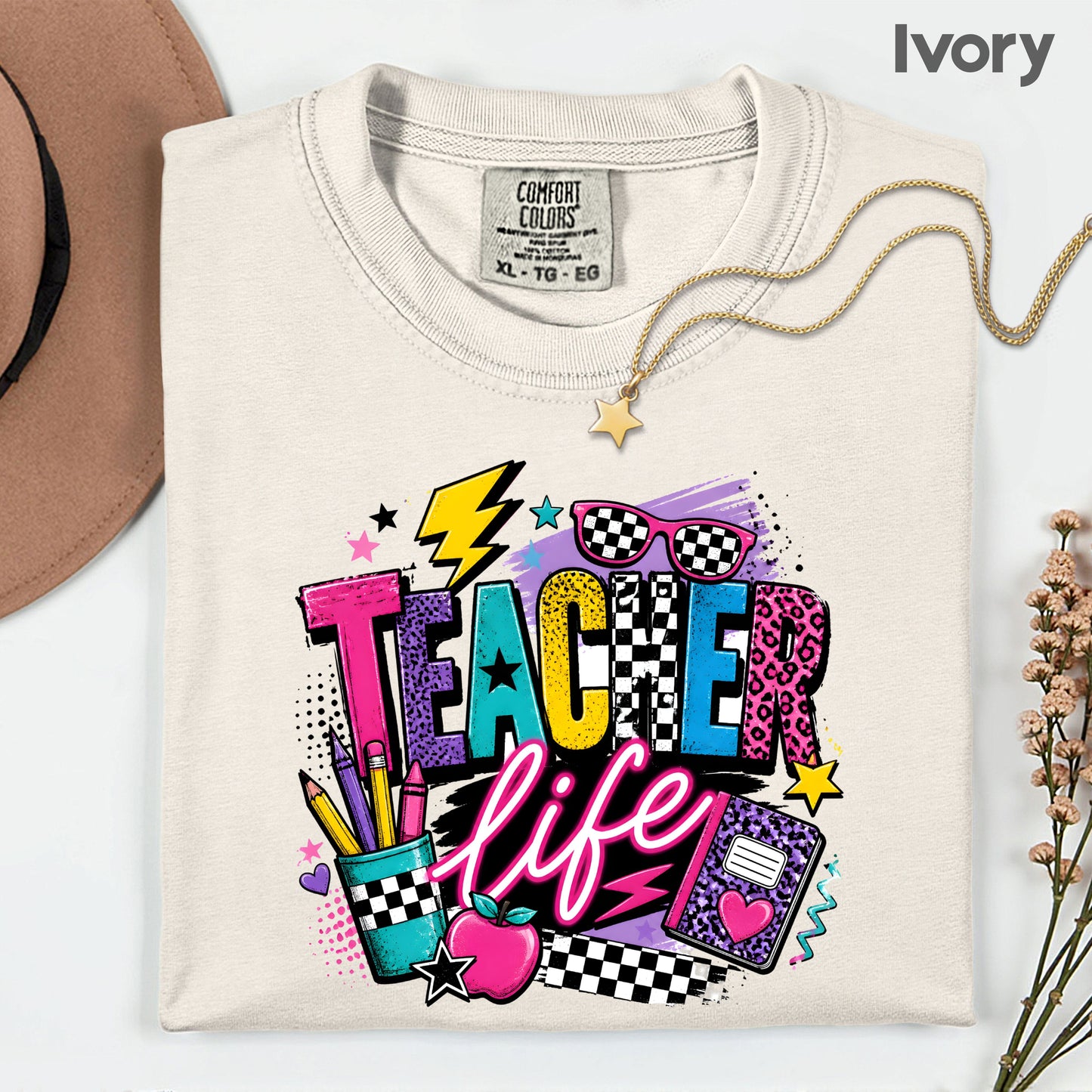 Retro Neon Teacher Life T-Shirt, Colorful Doodle Graffiti Checkerboard Sunglasses Back to School Tee