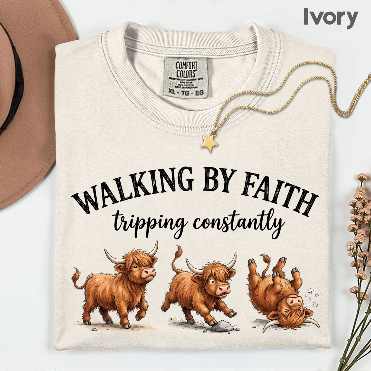 Walking by Faith Highland Cow T-Shirt, Tripping Constantly Funny Christian Quote Tee