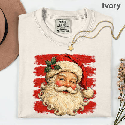 Vintage Winking Santa Christmas T-Shirt, Retro Red Stripes Nostalgic Holiday Comfort Color Tee